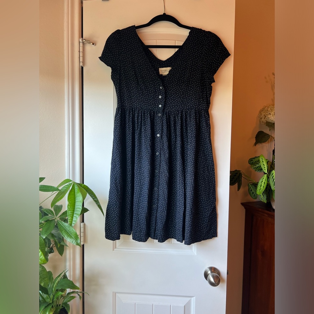 Denim & Supply Ralph Lauren Navy Blue Polkadot V-Neck Babydoll Dress, Size XS-S